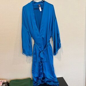NWT Victorias Secret Satin Blue Lace Trim Robe
